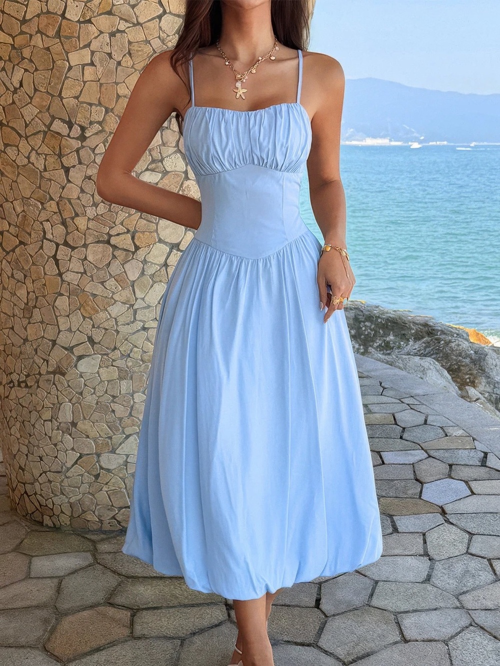 Solid Sleeveless Ruched Bust A Line Dress